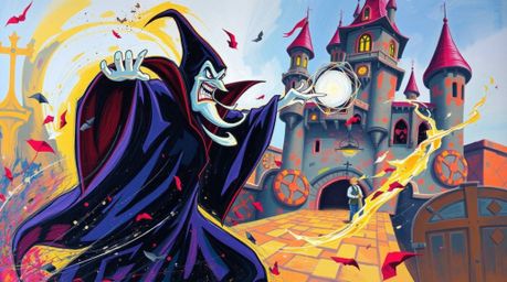 A dynamic acrylic painting captures a classic Disney villain in action, casting a spell within the walls of an ancient castle