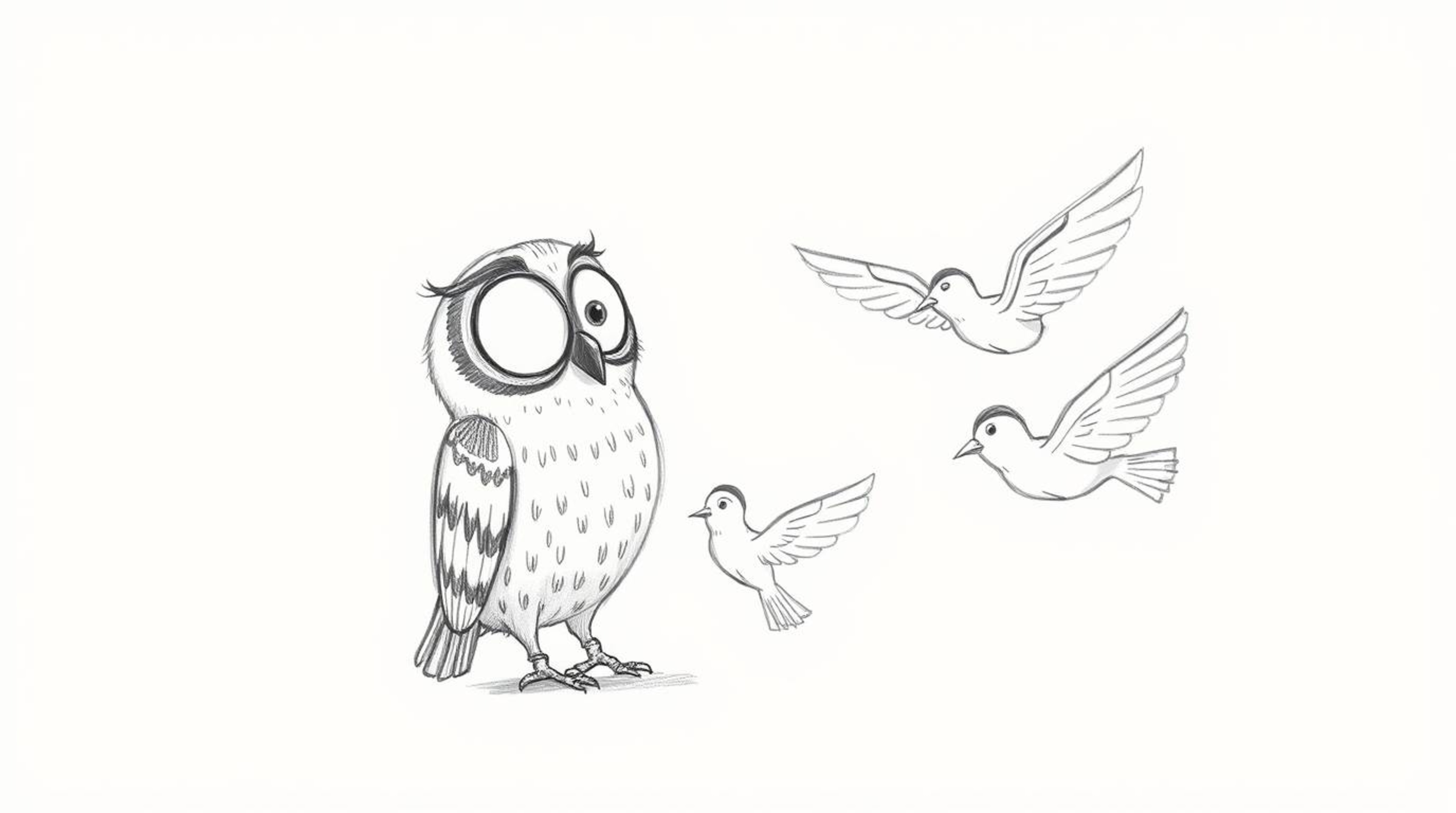 A charming and slightly whimsical hand-drawn sketch inspired by Pixar. It depicts a blind owl, subtly suggesting wisdom and p