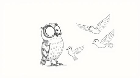 A charming and slightly whimsical hand-drawn sketch inspired by Pixar. It depicts a blind owl, subtly suggesting wisdom and p