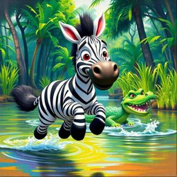 A vibrant acrylic painting depicts a cheerful 3D cartoon zebra with striking black and white stripes, large expressive eyes, 