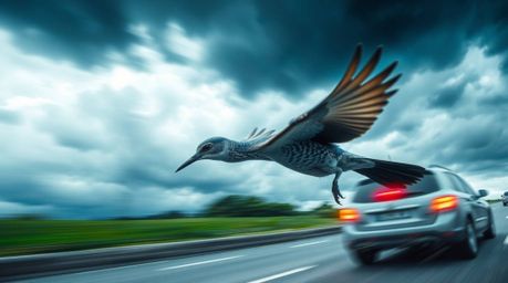 Experience the thrill of a fast-running bird blurring past traffic under a dramatic sky. This image captures intense, stormy 