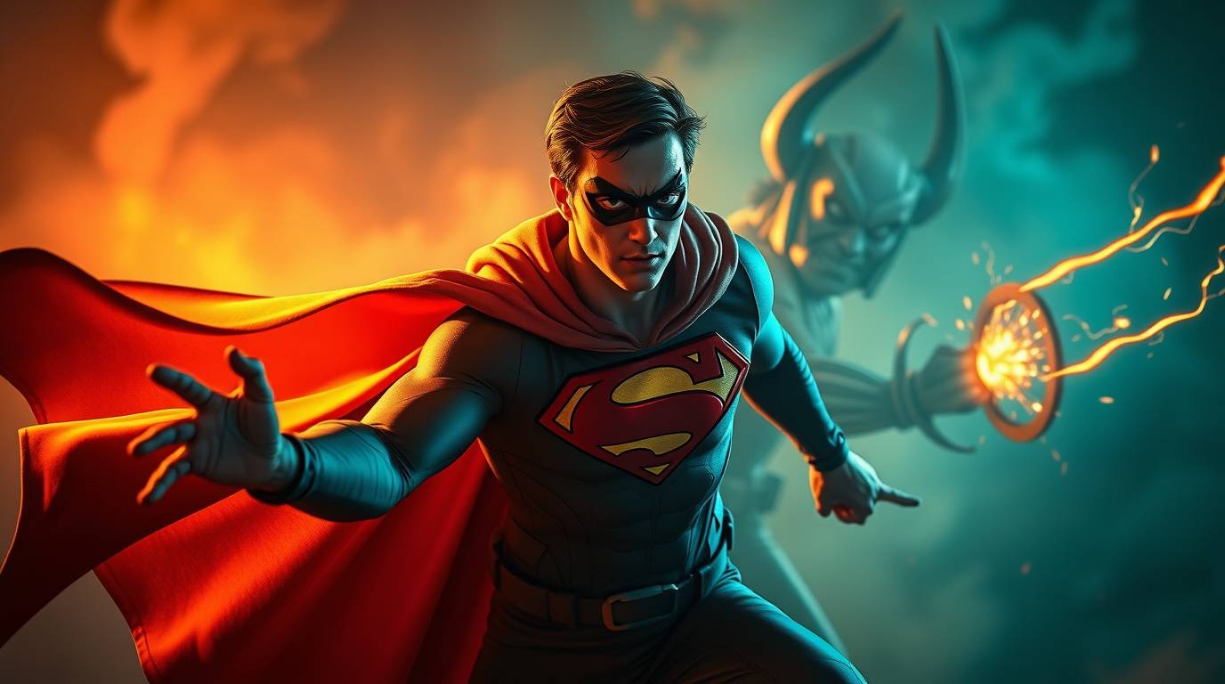 Witness an epic clash between a caped superhero and a hilariously inept villain!  This high-contrast image features dramatic 
