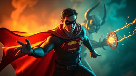 Witness an epic clash between a caped superhero and a hilariously inept villain!  This high-contrast image features dramatic 