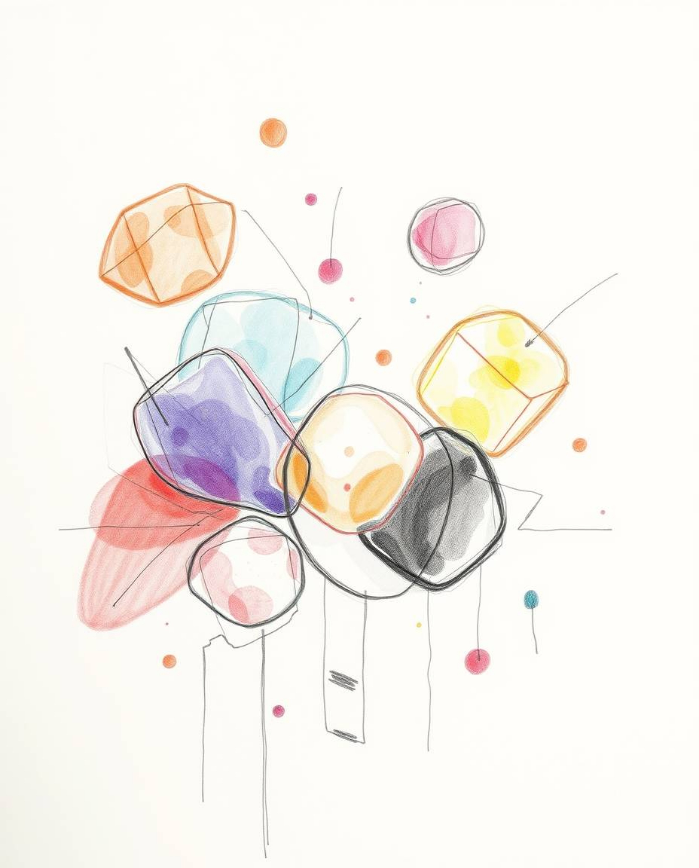 Explore a captivating hand-drawn sketch showcasing an abstract composition where colorful 3D fluid shapes gracefully interact