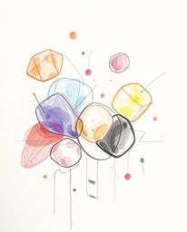Explore a captivating hand-drawn sketch showcasing an abstract composition where colorful 3D fluid shapes gracefully interact