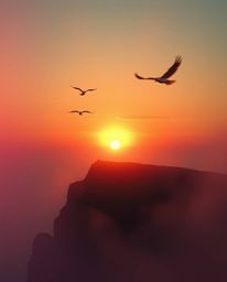 This is a dreamlike and surreal image of a sunset over a coastal cliff, complete with soaring birds. The scene is rendered wi