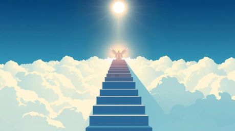 This modern flat design illustration captures a dreamlike and peaceful scene.  A low angle perspective reveals steps of light