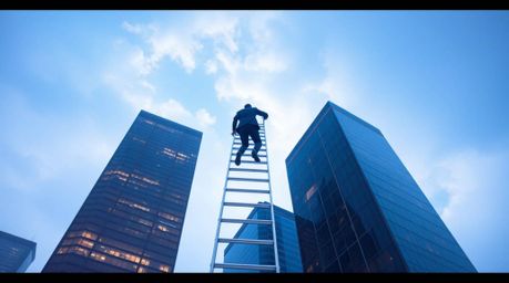 A captivating long-exposure photograph depicts a businessperson ascending a transparent ladder that seemingly vanishes into a