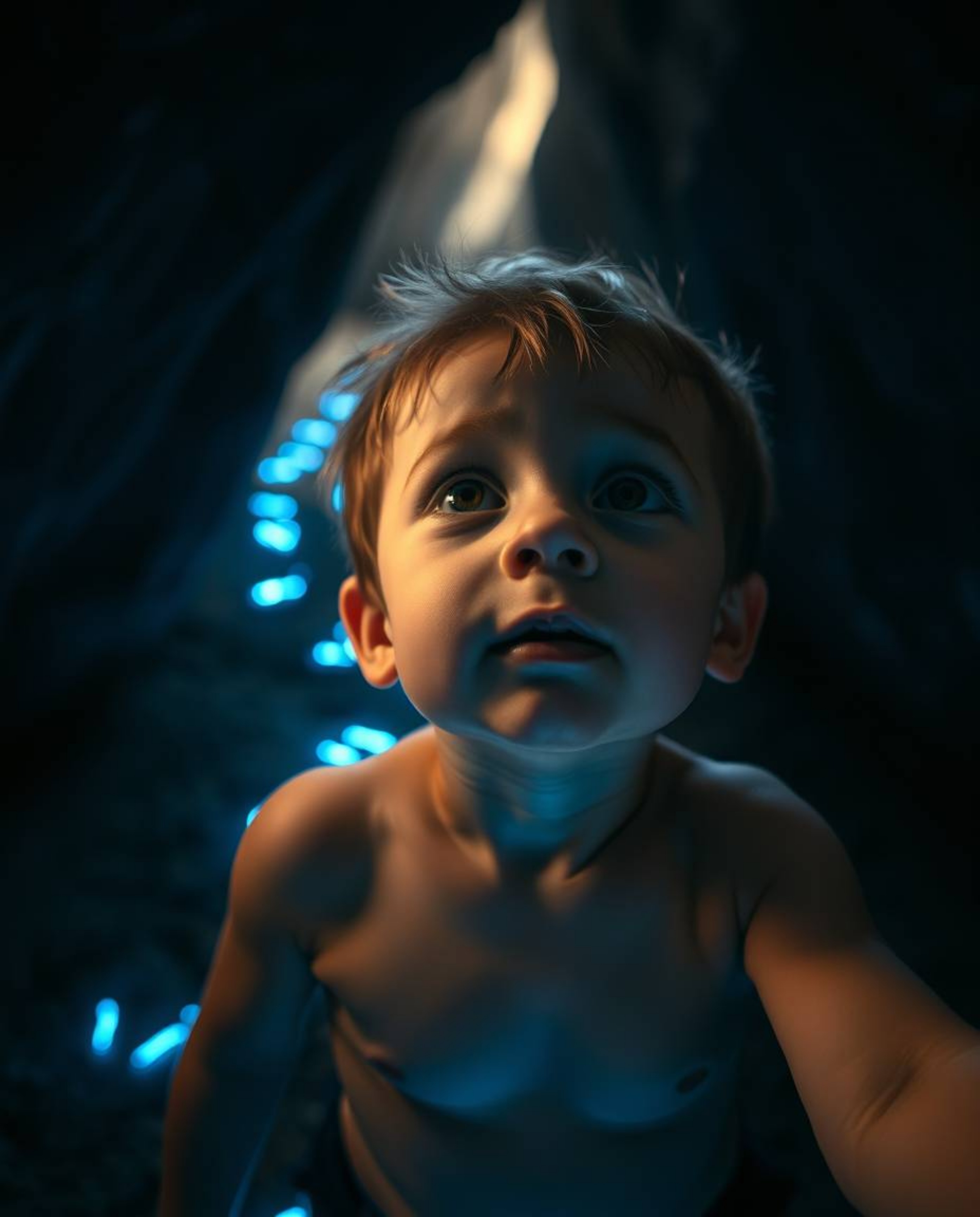 A captivating low-angle shot featuring a fair-skinned child with a curious expression as they follow glowing blue footsteps l