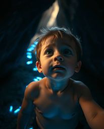 A captivating low-angle shot featuring a fair-skinned child with a curious expression as they follow glowing blue footsteps l