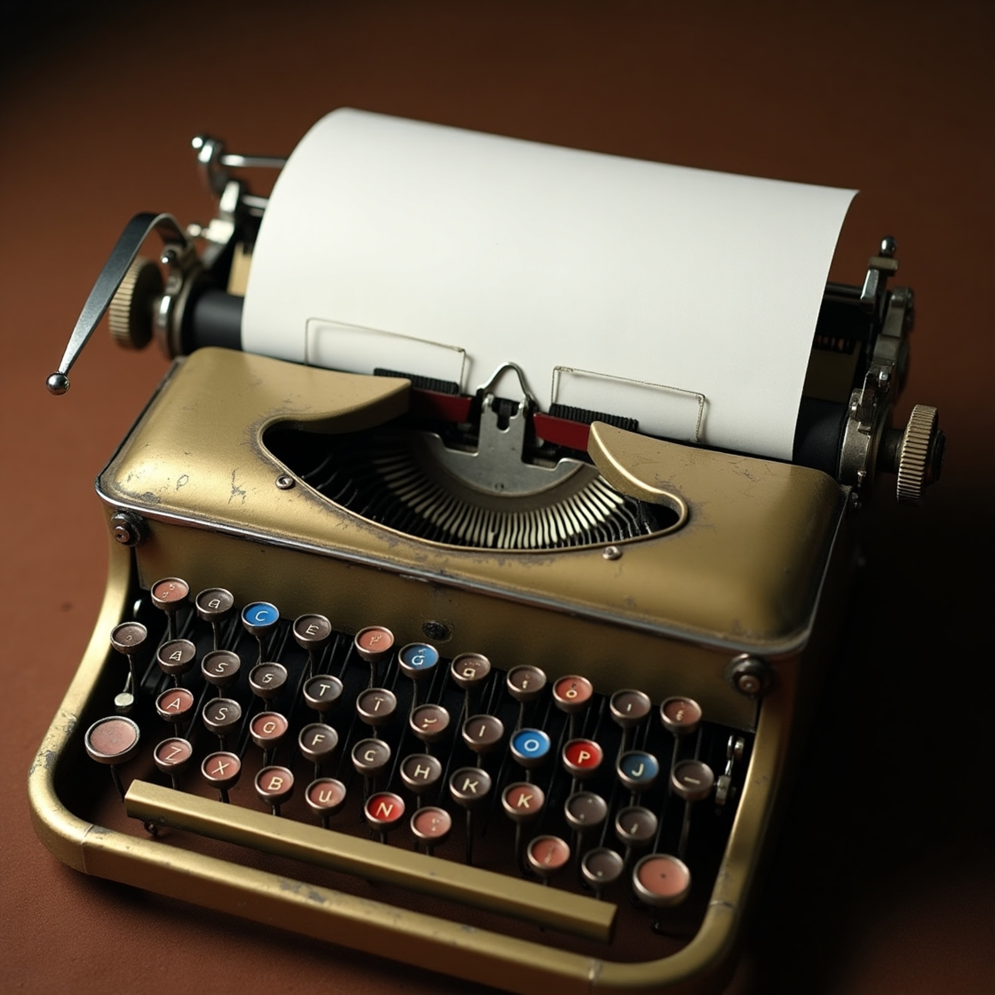 Explore a meticulously detailed close-up of a vintage mechanical typewriter. Witness the golden, worn metal body, ornate line
