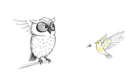 A whimsical hand-drawn sketch in the style of Pixar depicts a blind owl with soft, feathery textures guiding birds as they le
