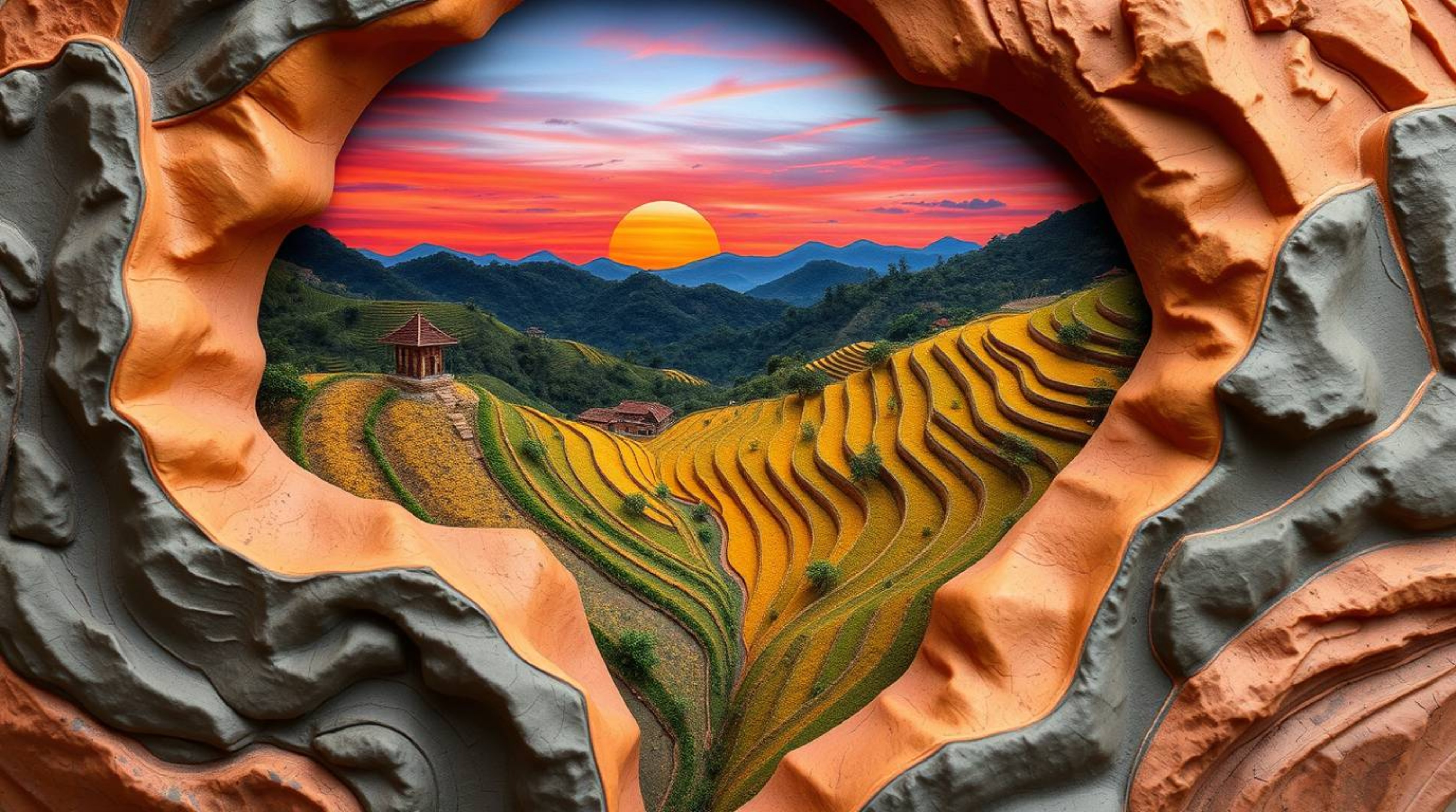 A vibrant sculptural clay art piece, captured from a bird's eye view, showcases a breathtaking sunset over rice terraces nest