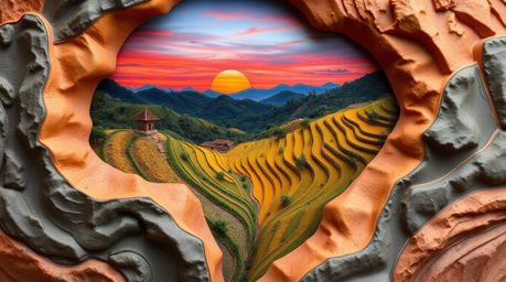 A vibrant sculptural clay art piece, captured from a bird's eye view, showcases a breathtaking sunset over rice terraces nest