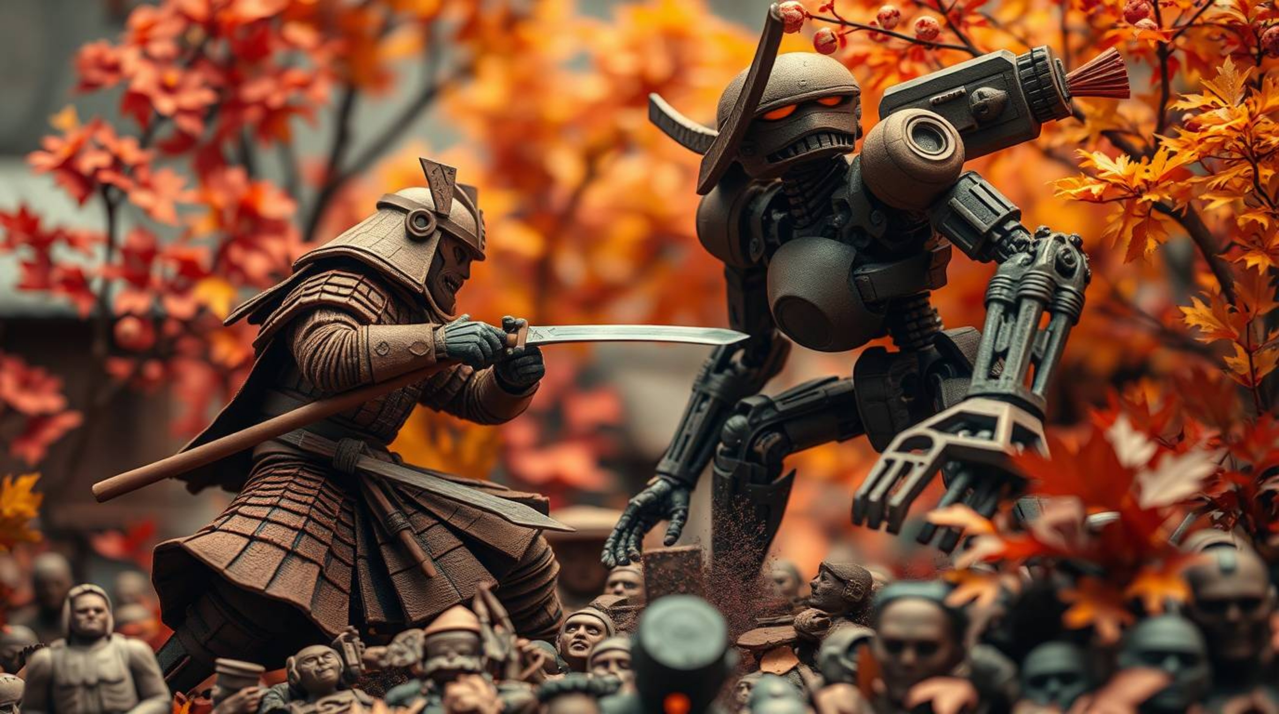 Immerse yourself in a captivating scene of sculptural clay art, depicting a samurai battling a robot in a dystopian world bat