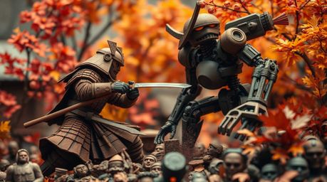 Immerse yourself in a captivating scene of sculptural clay art, depicting a samurai battling a robot in a dystopian world bat
