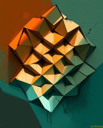 This dynamic digital sketch features a warm terracotta and cool teal 3D geometric pattern reminiscent of folded paper. The in