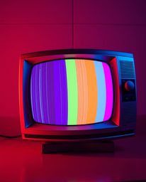 Captivating architectural color photography showcasing a retro-style TV screen with an RGB separation glitch and vibrant stat