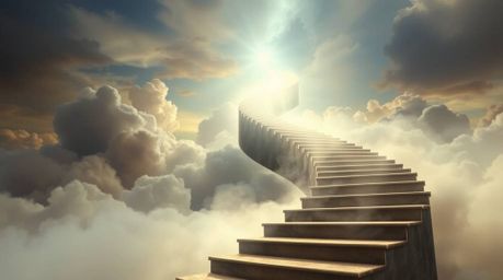 A captivating digital rendering showcasing a winding stairway composed of smoke and light, elegantly cast in bronze with an a