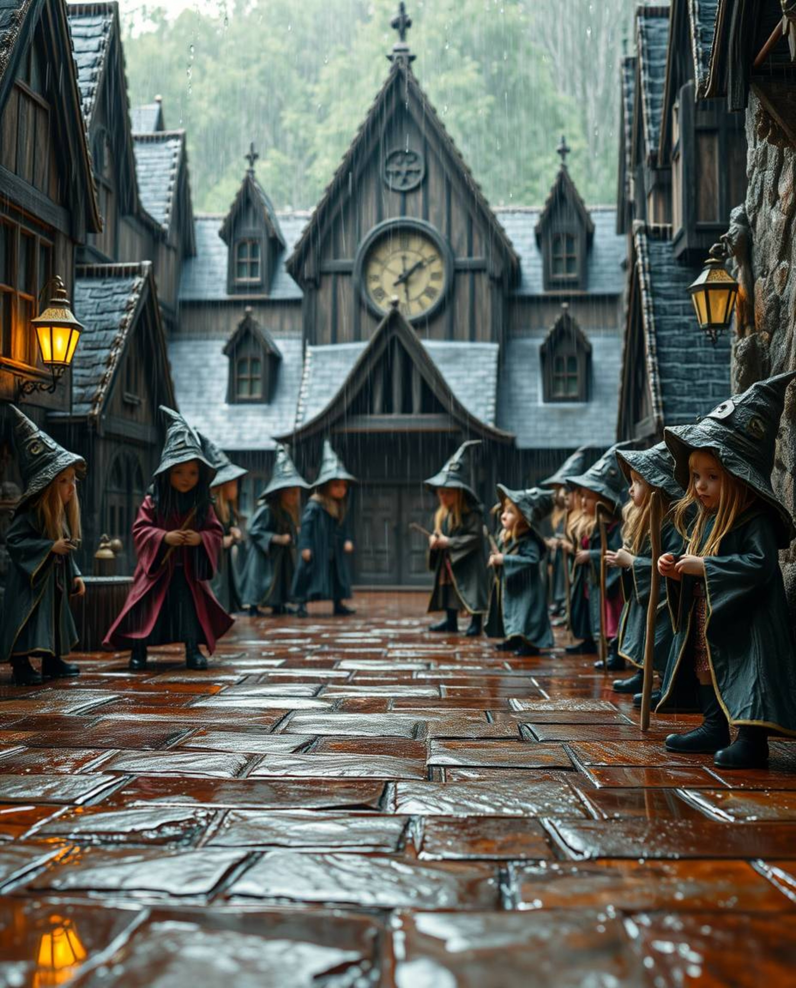 A magical school brimming with young wizards comes to life in this layered papier-mâché depiction, capturing a wet and rainy 