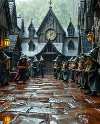 A magical school brimming with young wizards comes to life in this layered papier-mâché depiction, capturing a wet and rainy 