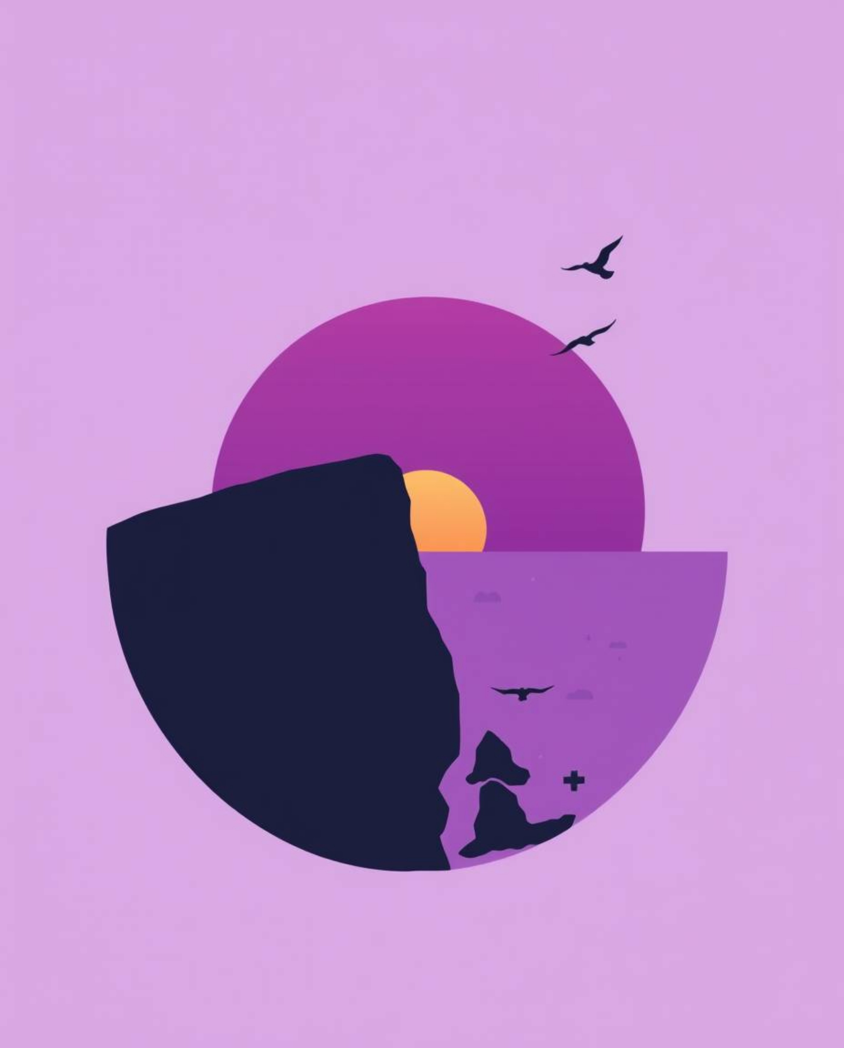 This is a modern flat design illustration of a coastal cliff sunset with soaring birds. The artwork is defined by its deep ul