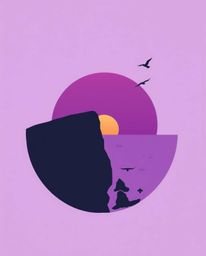 This is a modern flat design illustration of a coastal cliff sunset with soaring birds. The artwork is defined by its deep ul