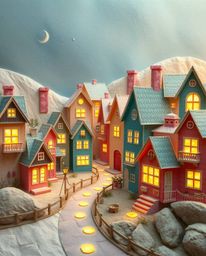 This artwork depicts a sleepy town rendered in a watercolor style, showcasing charming pastel-colored houses meticulously cra