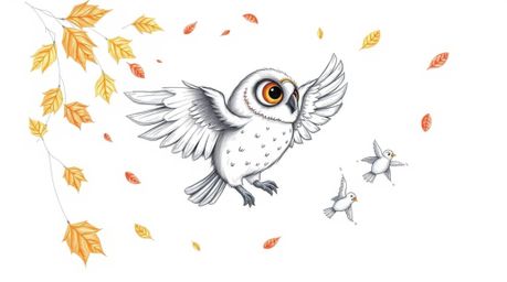 A charming, hand-drawn sketch in the style of Pixar portrays a blind owl, its soft feathers and expressive eyes captivating. 