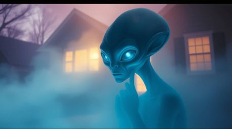 Immerse yourself in a dreamy, hazy atmosphere featuring an alien with translucent blue skin and glowing eyes, residing in the