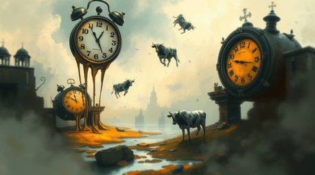 This captivating digital sketch plunges viewers into a surreal dreamscape where melting clocks and floating cows populate a m