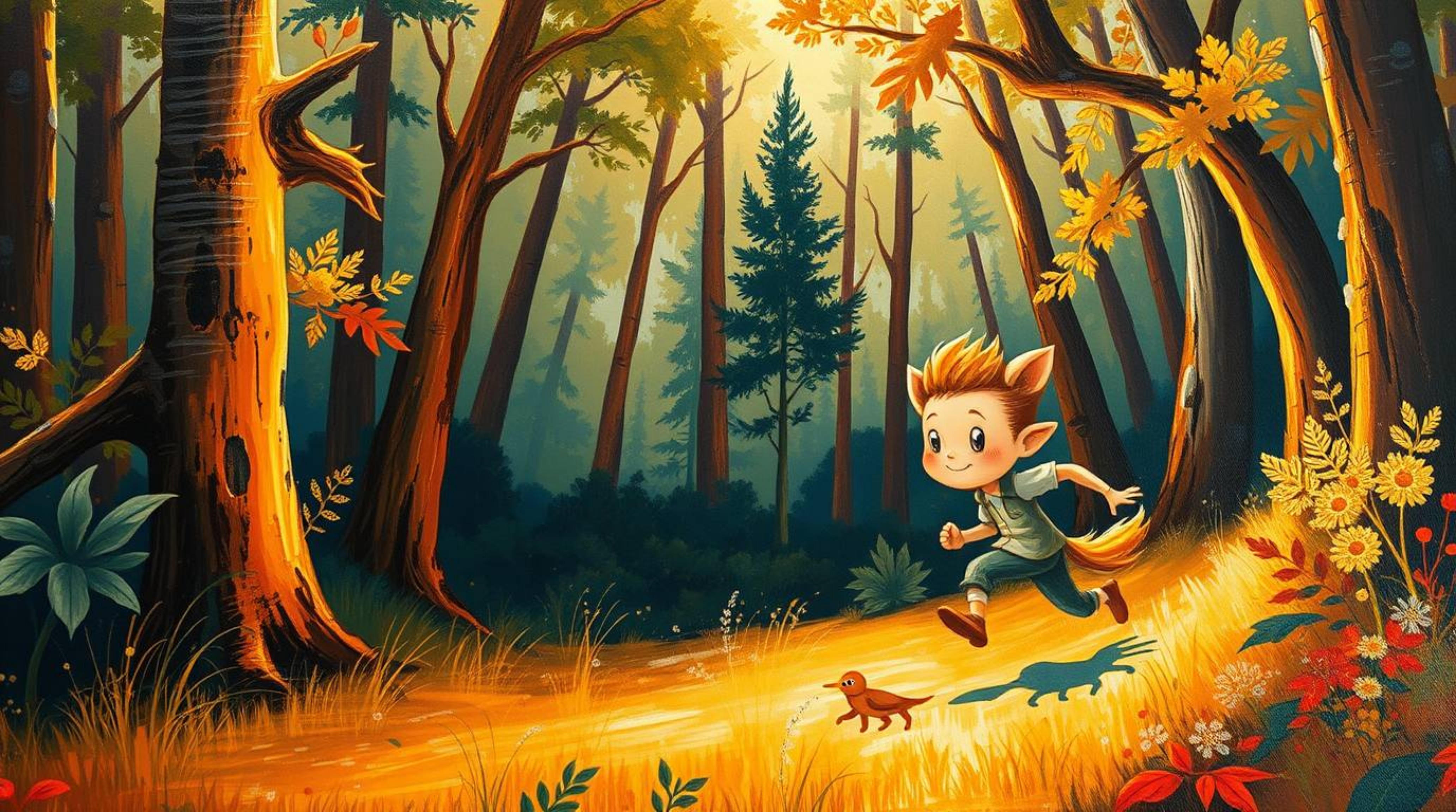 An adorable figure's thrilling chase through a looping forest, brought to life with bold acrylic brushstrokes and a warm gold