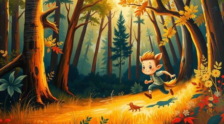 An adorable figure's thrilling chase through a looping forest, brought to life with bold acrylic brushstrokes and a warm gold