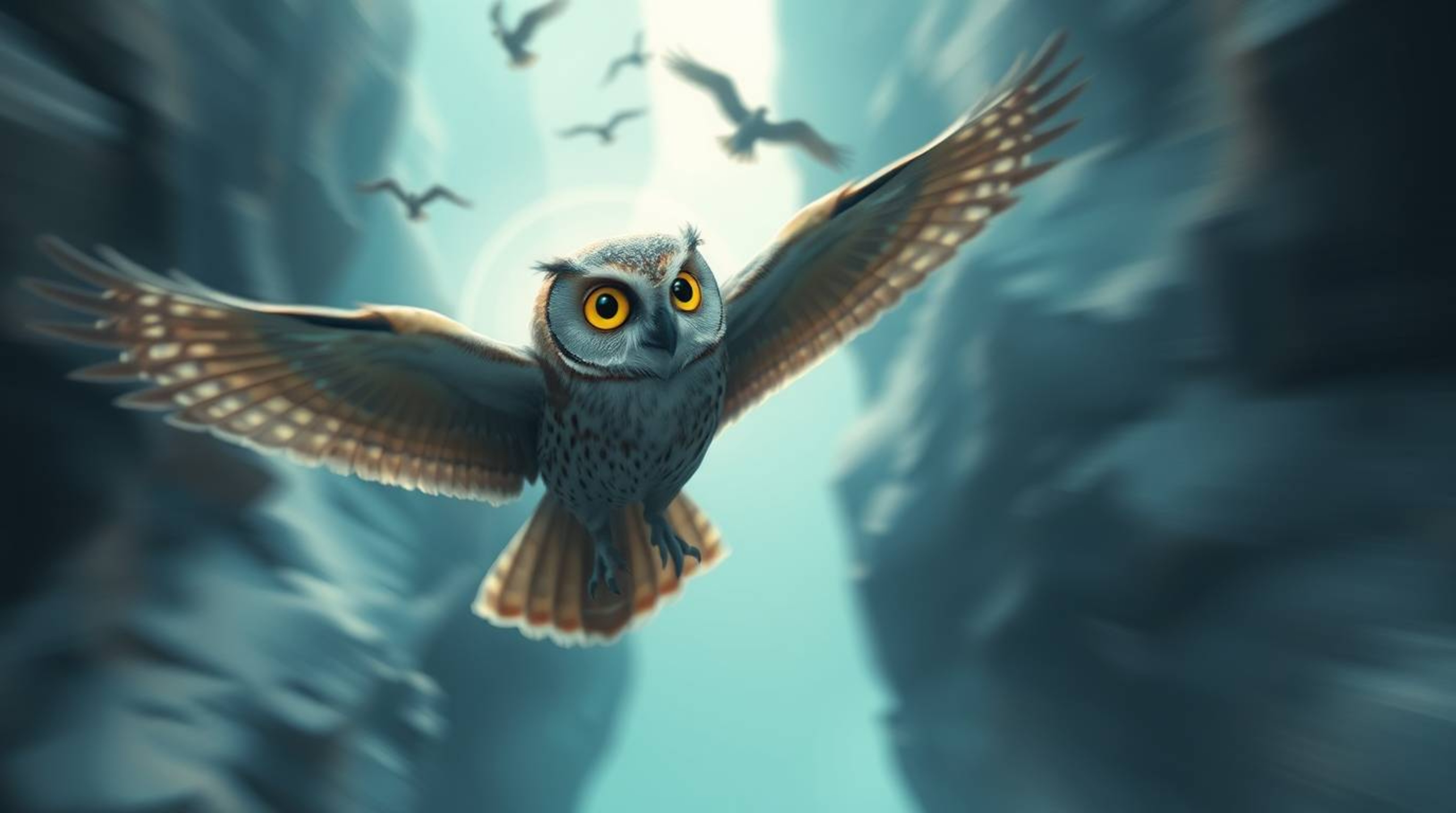 This long exposure photograph captures a magical moment featuring a Pixar-esque blind owl teaching birds to fly. They soar gr