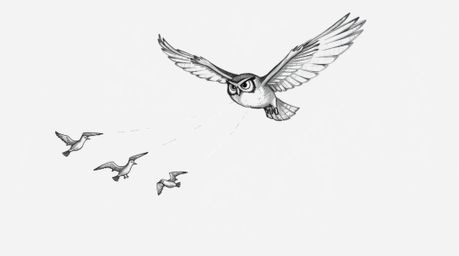 A heartwarming hand-drawn sketch reminiscent of Pixar, showcasing a blind owl gracefully mid-flight.  The owl is depicted tea