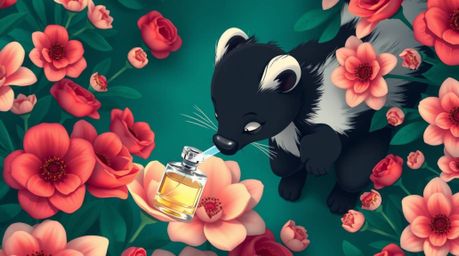 A high-angle perspective showing a cartoon skunk generously spraying perfume onto flowers, creating a luxurious and vibrant s