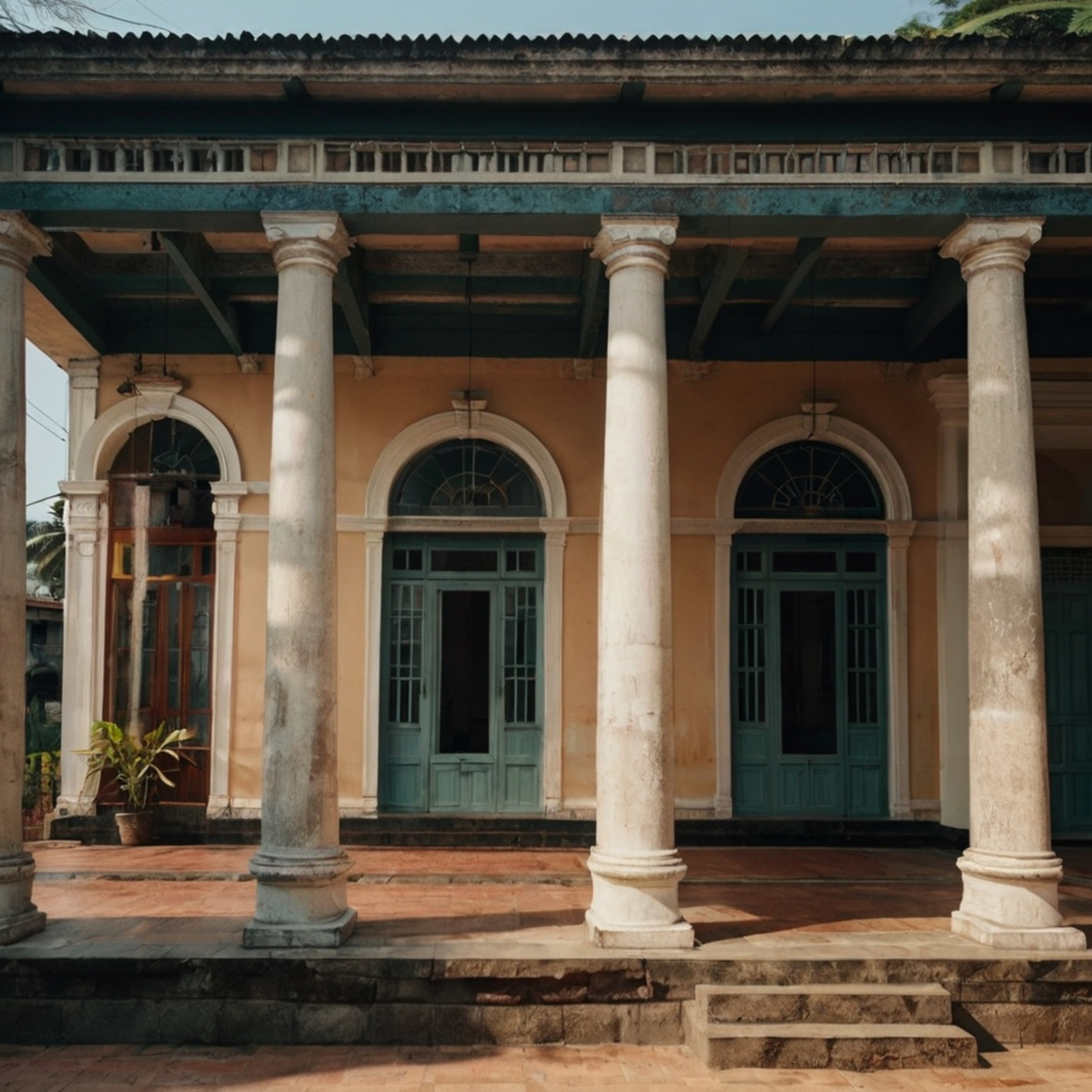 This traditional colonial-era building boasts impressive tall columns, large windows, and a wide veranda offering a stunning