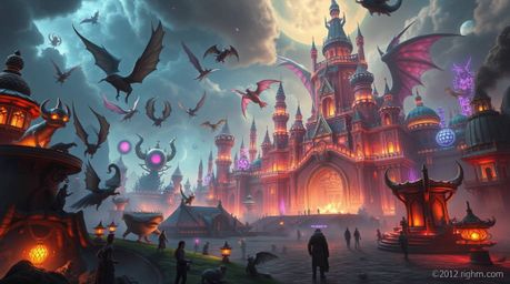 Explore a grand, dreamlike, and surreal scene depicting a magnificent, modern future fantasy kingdom teeming with quirky magi