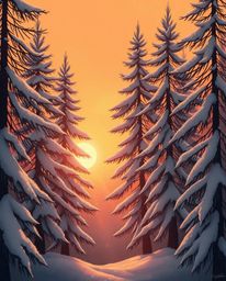 An illustration evoking a warm autumn atmosphere with a soft dreamy feel, depicting a hazy sunset light sparkling on snowy pi