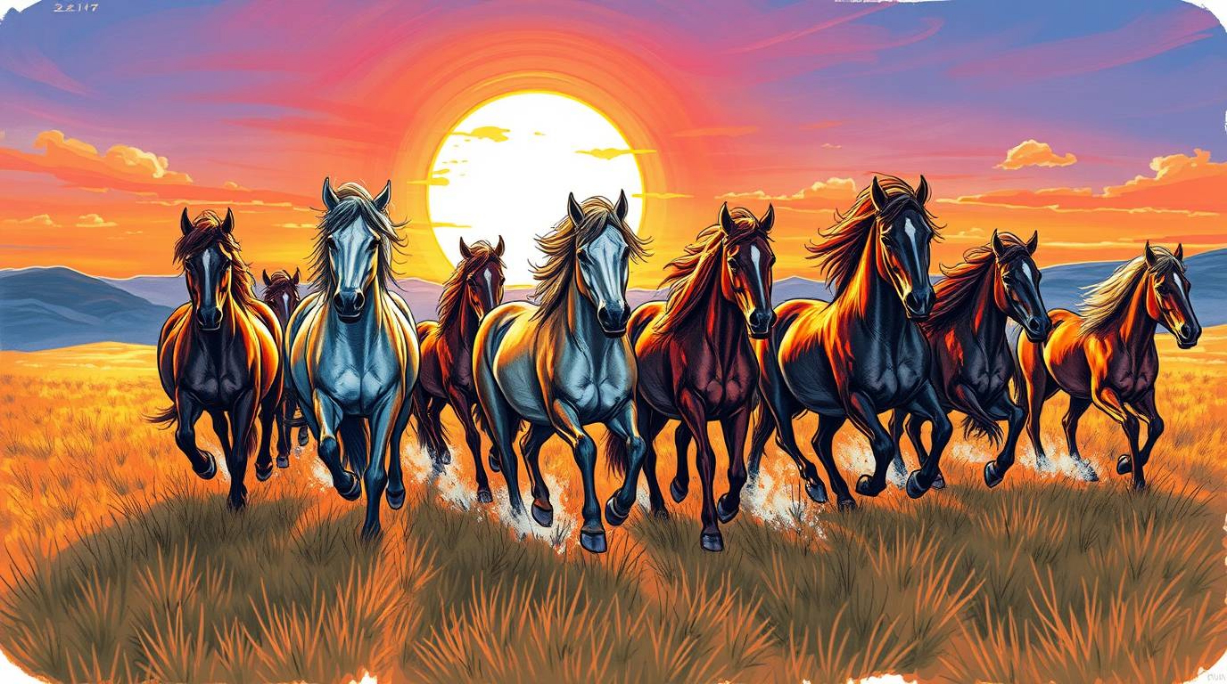 A captivating hand-drawn sketch in electric vivid colors showcases a herd of wild horses thundering across the landscape bene