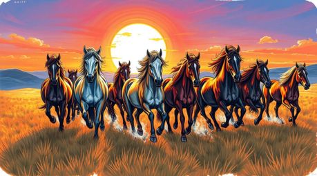 A captivating hand-drawn sketch in electric vivid colors showcases a herd of wild horses thundering across the landscape bene