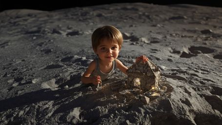 Embark on a whimsical lunar adventure with this warm and dreamy cinematic photograph, reminiscent of Pixar's signature style.