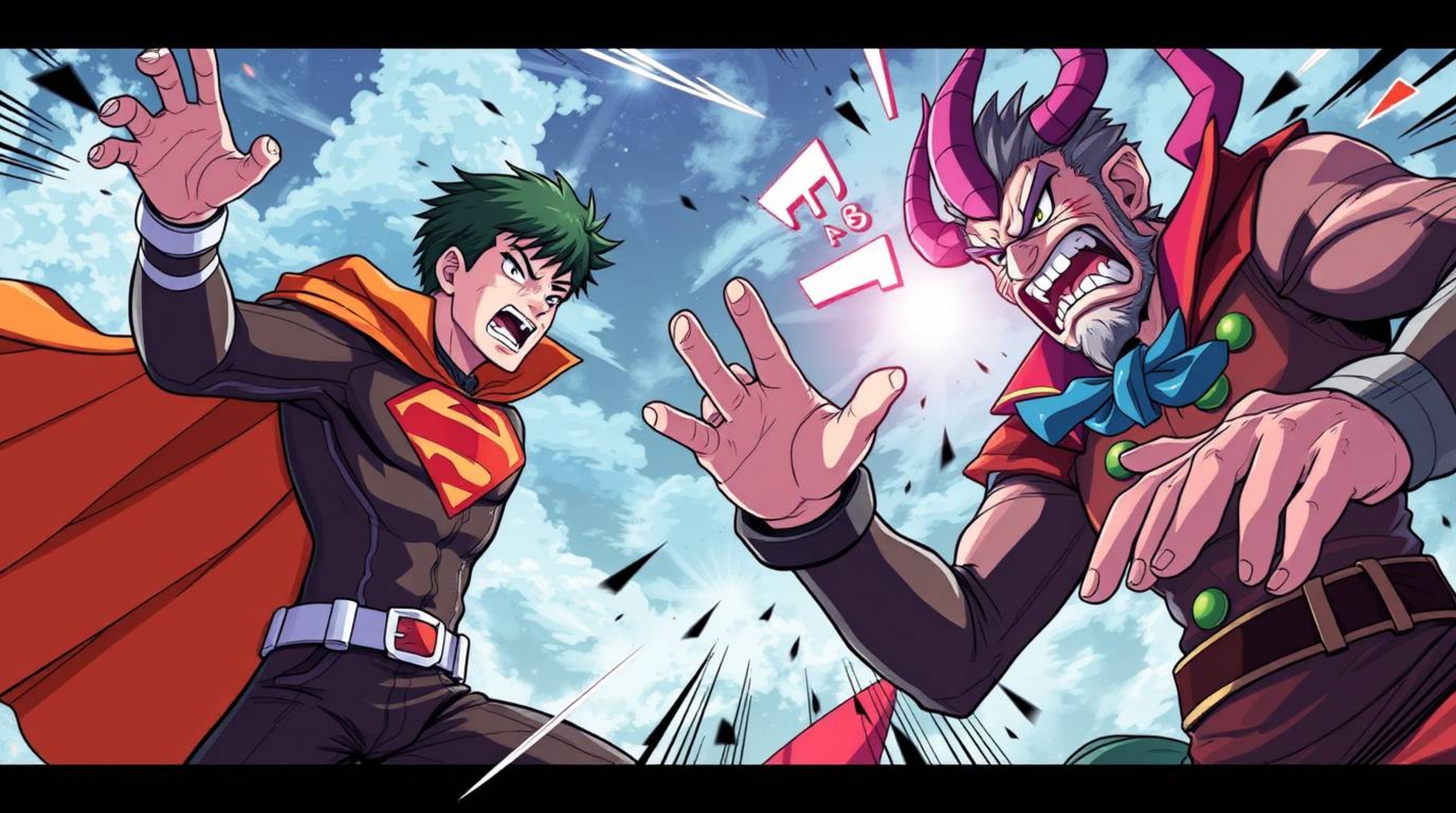 Explore a vibrant Isekai anime style illustration featuring a superhero with a cape engaged in battle with a silly villain.  