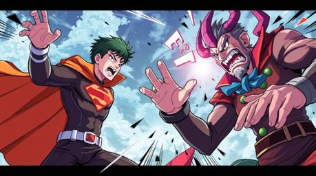 Explore a vibrant Isekai anime style illustration featuring a superhero with a cape engaged in battle with a silly villain.  