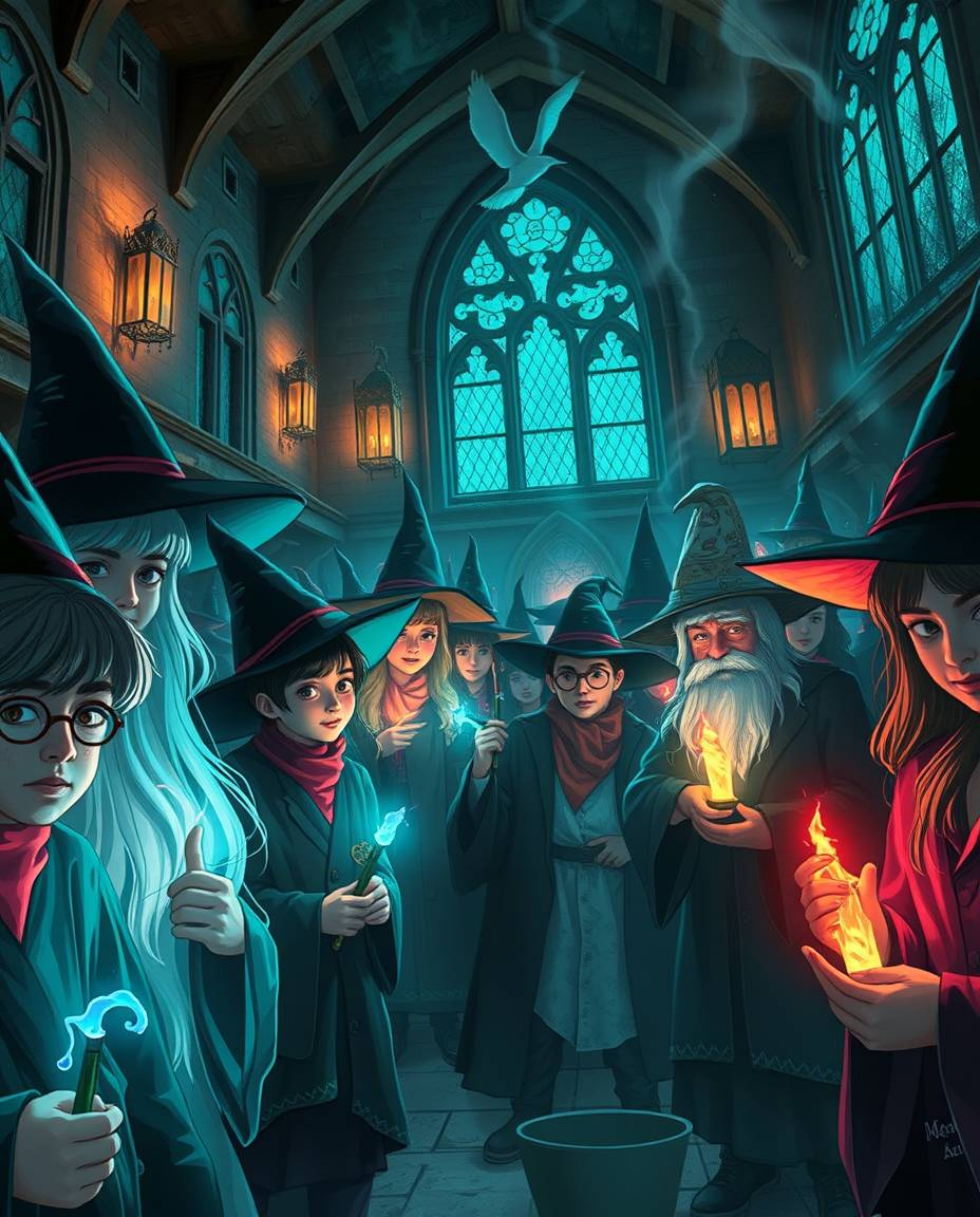 Explore a magical school teeming with young wizards, brought to life with a captivating bioluminescent color palette. The sce