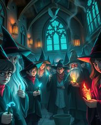 Explore a magical school teeming with young wizards, brought to life with a captivating bioluminescent color palette. The sce