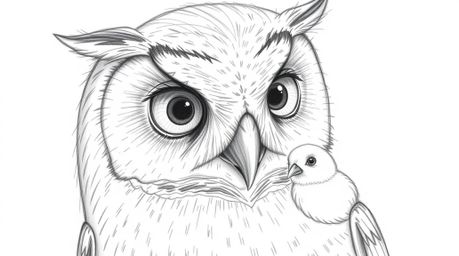 A heartwarming hand-drawn pencil sketch in the style of Pixar, depicting a close-up of a wise and patient blind owl gently gu