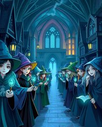 Explore a magical school brimming with young wizards, designed with a cool color palette emphasizing blues, greens, and purpl