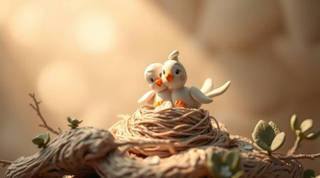 Explore a world of soft, dreamy atmospheres with sculptural clay art featuring two cartoon birds building a nest in a classic