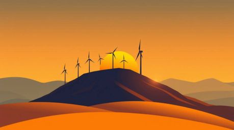 This digital illustration captures a serene sunset scene behind a row of wind turbines perched atop a hill, rendered in a mod